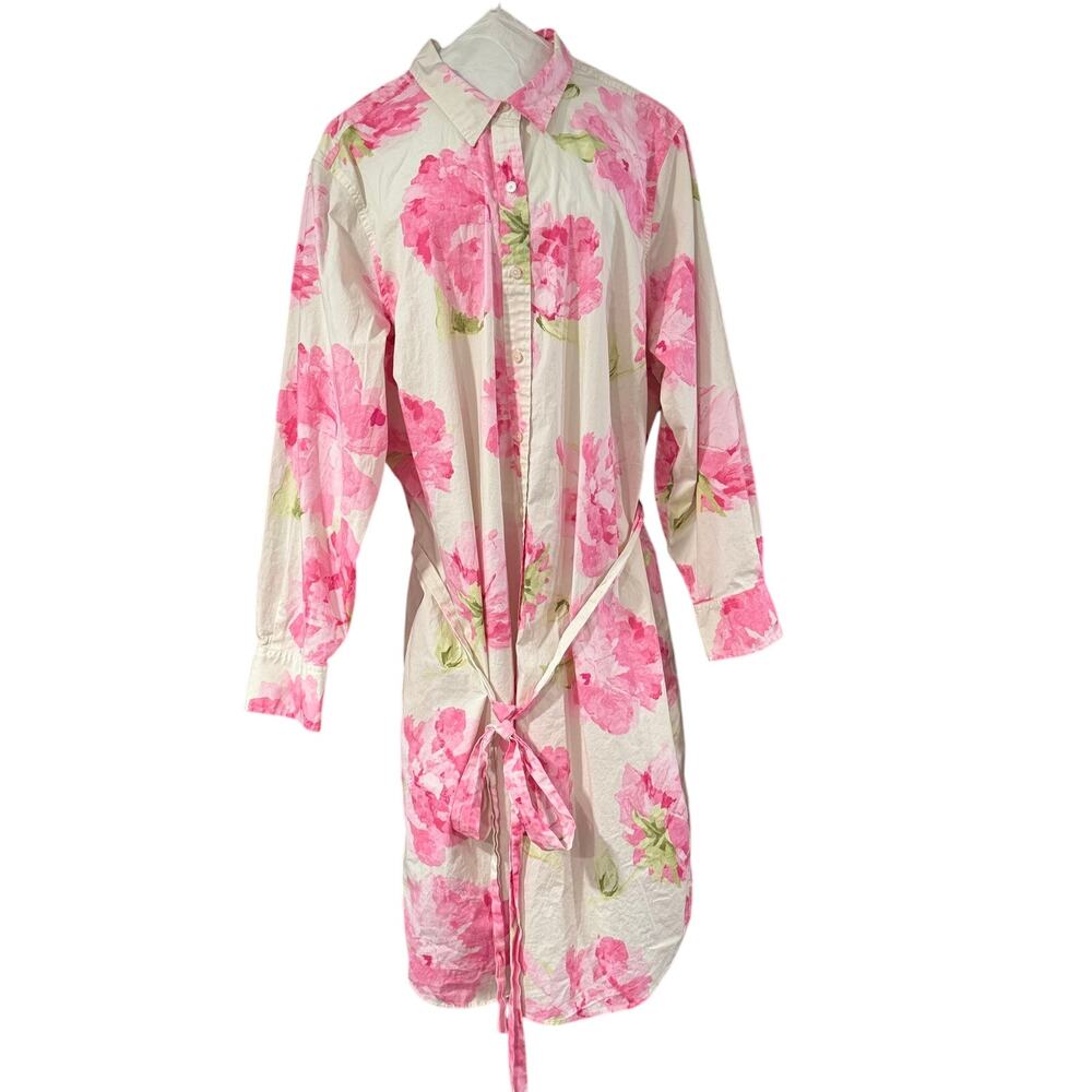 Liz Claiborne Floral Shirt Dress Plus Size 22W Pink White Belted Cotton Cottage